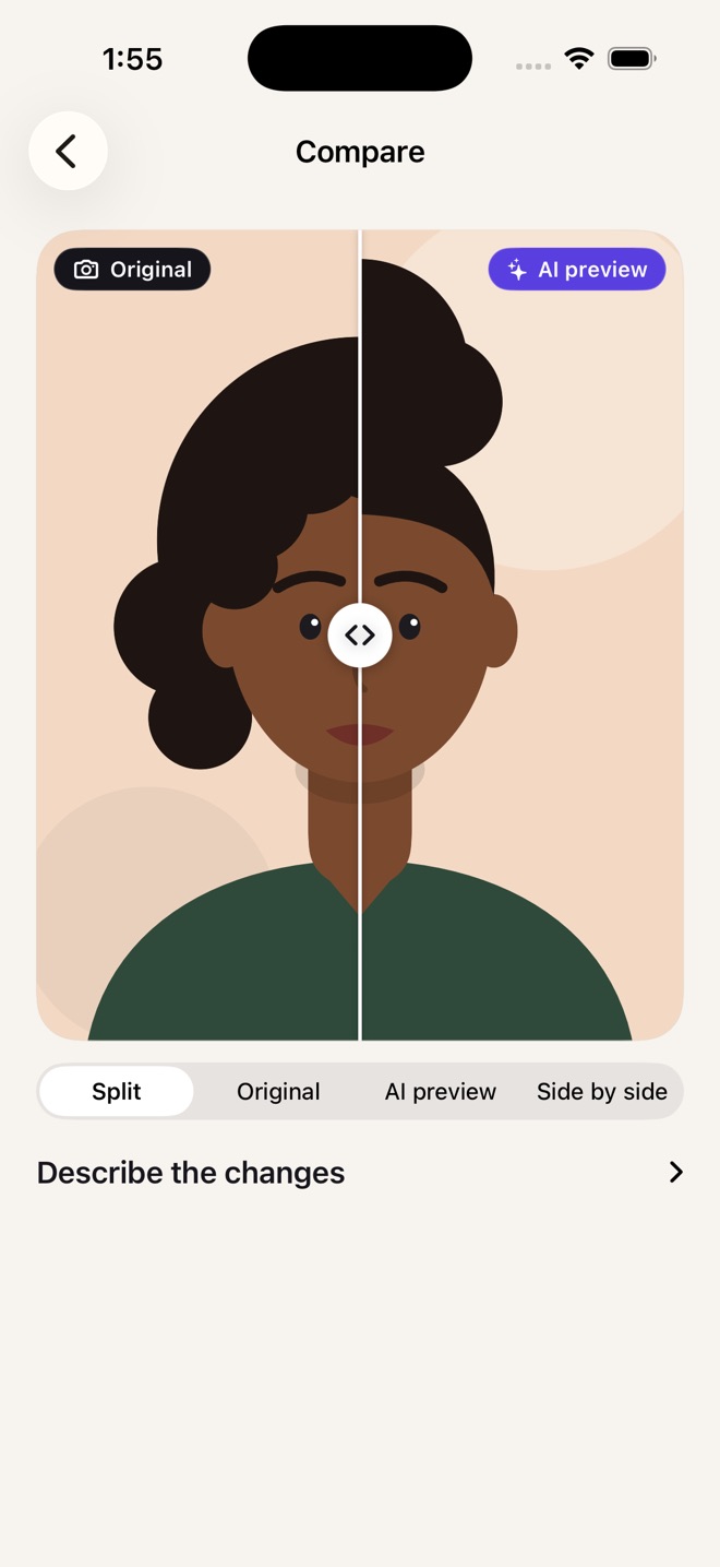 Compare screen with a split slider between the Original photo and the AI preview