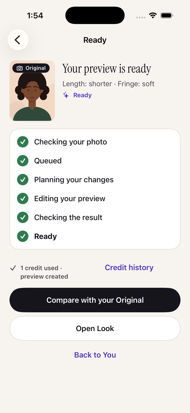 Your preview is ready screen listing each stage: checking your photo, queued, planning, editing and checking the result