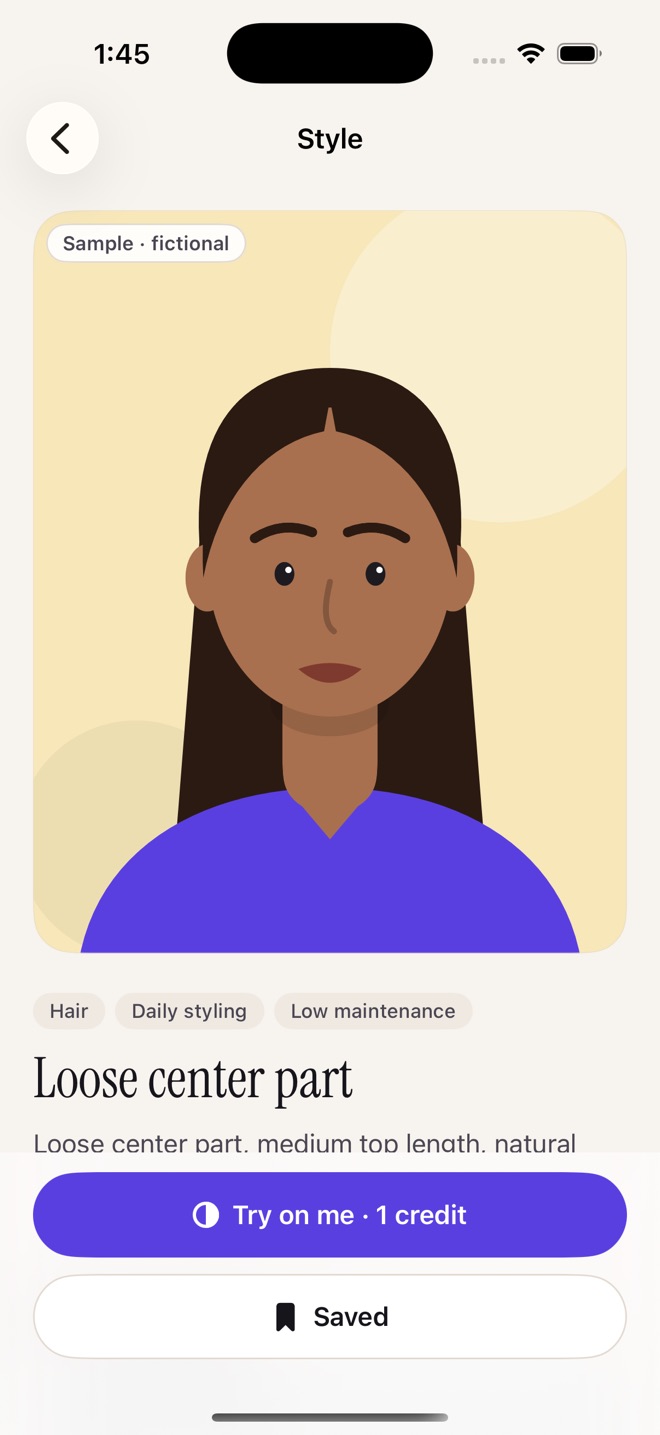 Discover recipe for a loose center part, labelled Sample · fictional, with a Try on me button costing 1 credit