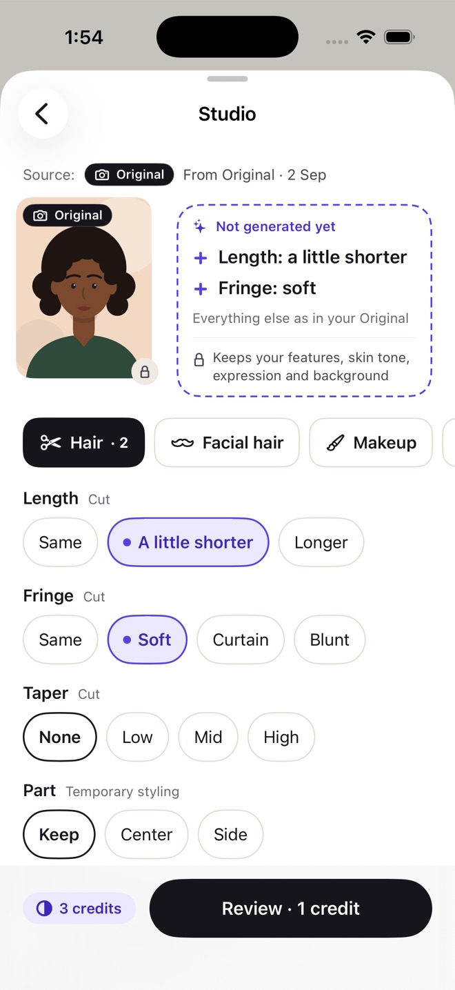 Studio screen with hair controls for length, fringe, taper and part, and a pending plan marked Not generated yet